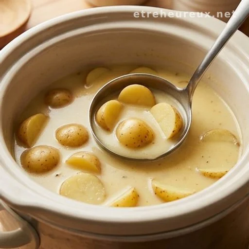 Yukon Gold potatoes and creamy broth inside a slow cooker