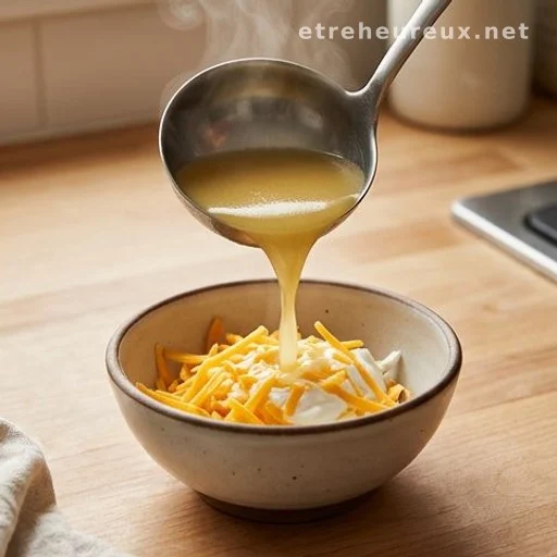 Hot broth being poured into shredded cheddar and yogurt to temper the dairy