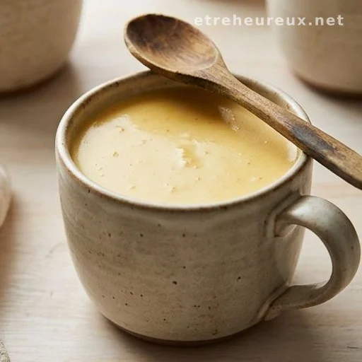 Ceramic mug of creamy cheese soup on a rustic kitchen table