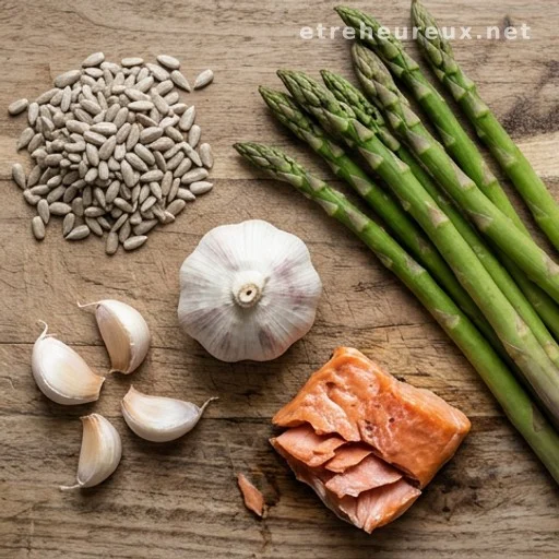 Thiamine-rich foods including sunflower seeds, garlic, asparagus, and salmon