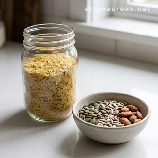 Nutritional yeast jar and seeds on kitchen counter, natural B vitamin sources