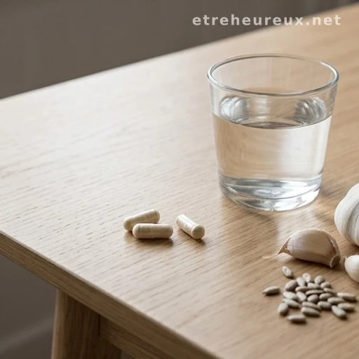 Thiamine supplement capsules with garlic and sunflower seeds on a wooden table