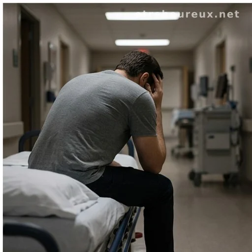 Person holding head in pain in a hospital emergency setting