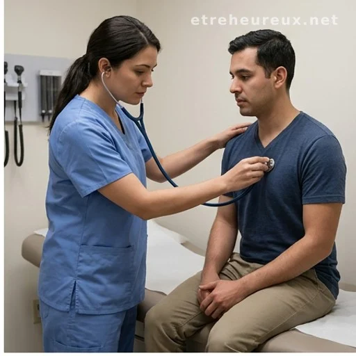 Doctor examining a patient's chest with a stethoscope in a clinic