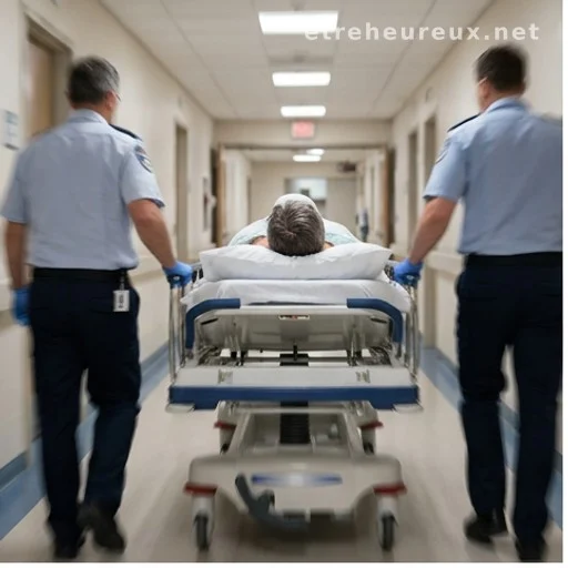 Patient on a hospital gurney being rushed through a corridor by medical staff
