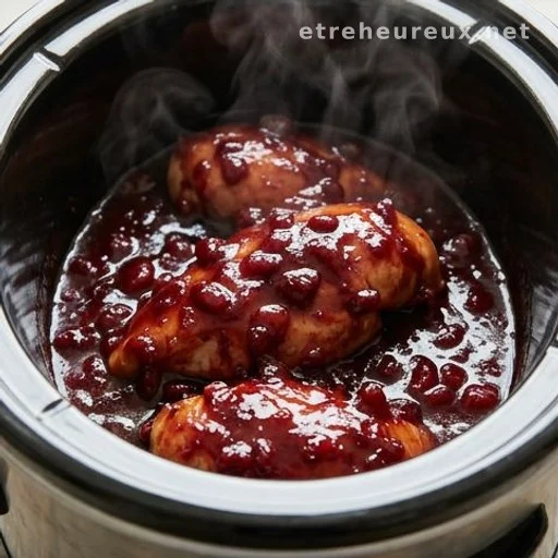 Glossy cranberry-glazed chicken breasts in a slow cooker insert