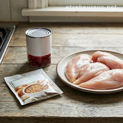 Cranberry sauce can, onion soup mix packet, and raw chicken breasts on a counter