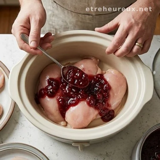Cranberry sauce being spooned over chicken breasts in a slow cooker