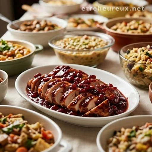 Glazed cranberry chicken on a buffet serving dish at a gathering