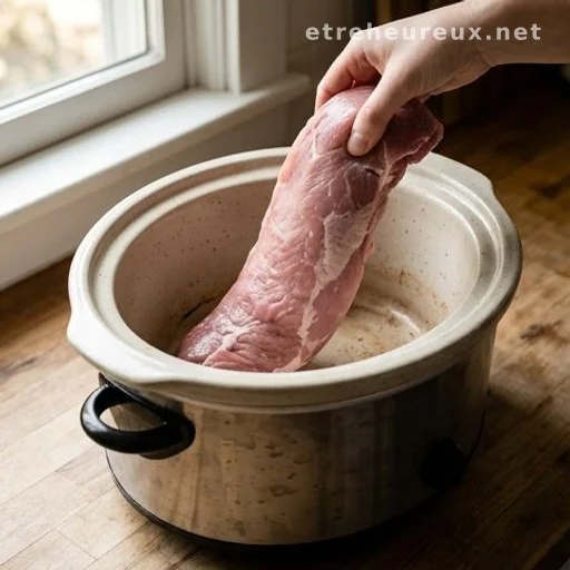 Raw pork tenderloin placed inside a slow cooker on a kitchen counter