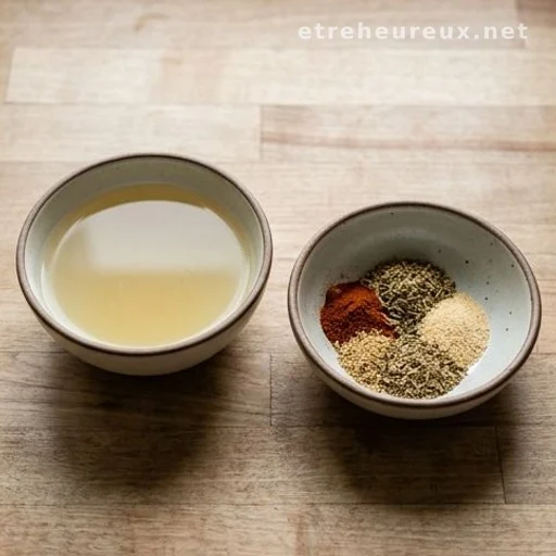 Low-sodium broth and dry soup mix in small bowls on a kitchen counter