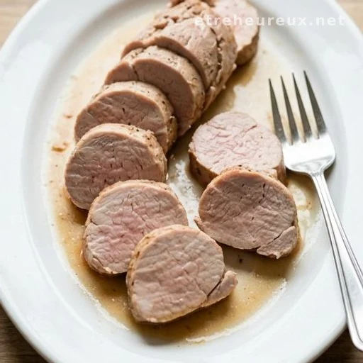 Sliced cooked pork tenderloin served on a white plate with cooking juices