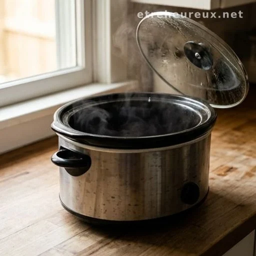 Slow cooker with lid ajar and steam rising on a home kitchen counter