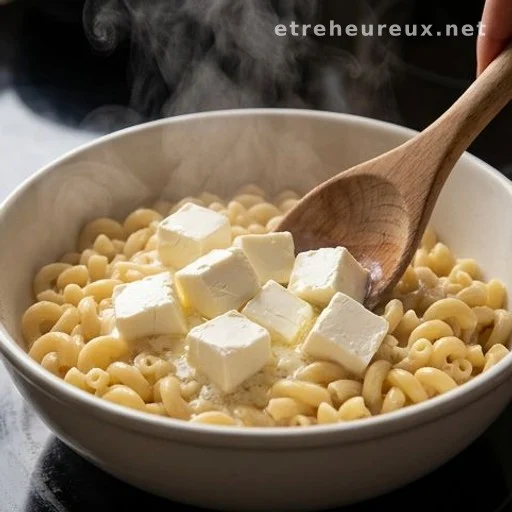 Cream cheese cubes melting into hot macaroni pasta in a mixing bowl