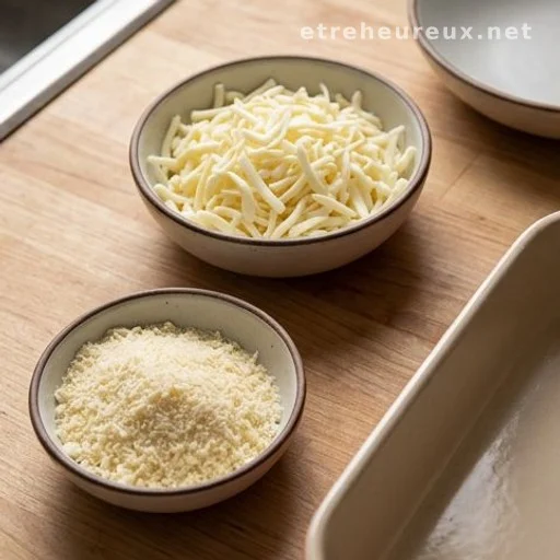 Shredded mozzarella and grated Parmesan cheese in prep bowls beside a baking dish