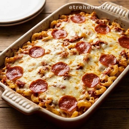 Baked Italian macaroni casserole with golden mozzarella and pepperoni in a baking dish