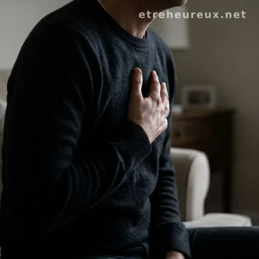 Person holding chest in possible pain, seen from behind
