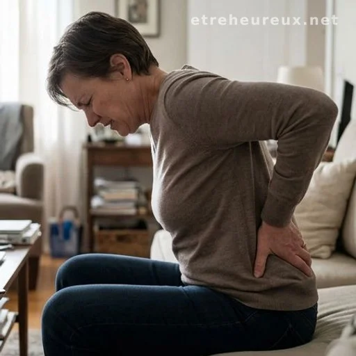 Person holding lower back in pain while seated indoors
