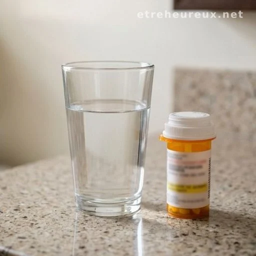 Glass of water and medicine on bathroom counter, urinary health context