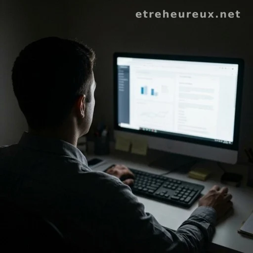 Person working at a computer screen in low light, viewed from behind