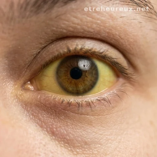 Close-up of an eye with yellowed white sclera suggesting jaundice