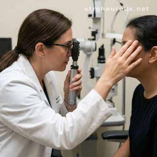 Doctor examining a patient's eye with an ophthalmoscope in a clinic