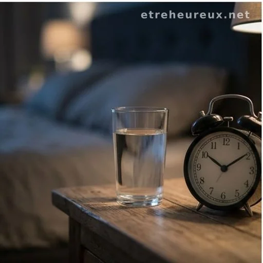 Glass of water and alarm clock on a bedside table at night