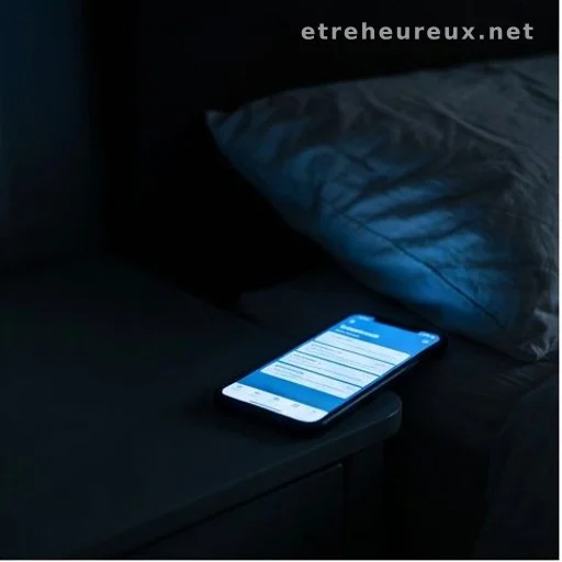 Glowing smartphone screen on bedside table in dark bedroom