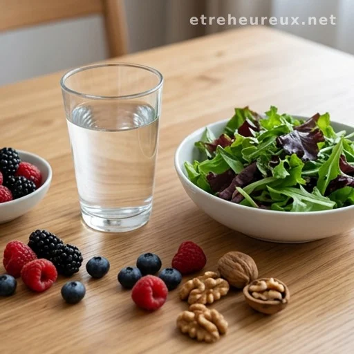 Kidney-friendly foods including leafy greens, berries, and nuts on a table