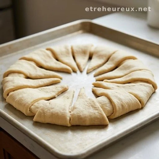 Unbaked crescent roll dough triangles arranged in a ring on a baking sheet