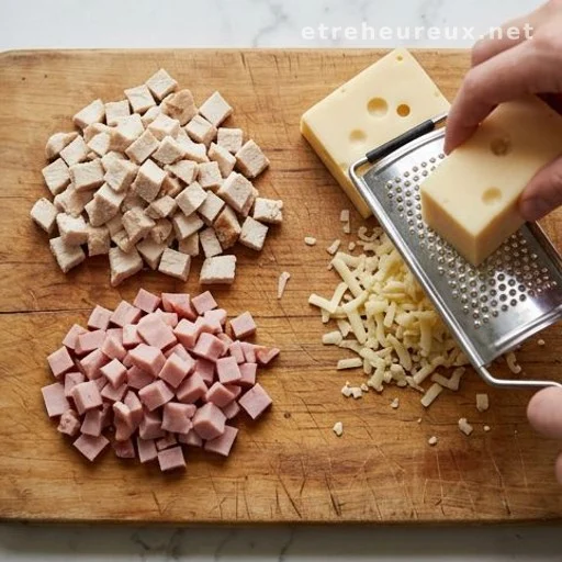Diced chicken, diced ham and freshly grated Swiss cheese on a wooden cutting board