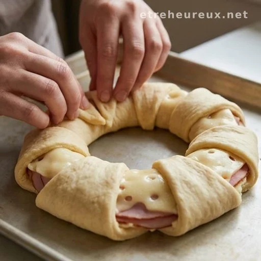 Hands folding crescent dough over a ham and cheese filling in a ring shape