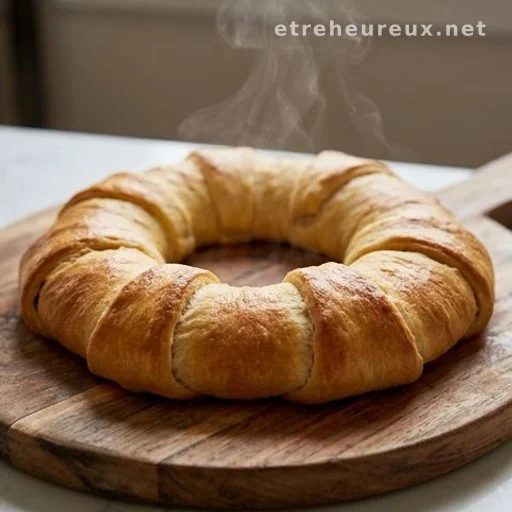 Fully baked golden-brown cordon bleu crescent ring on a wooden serving board