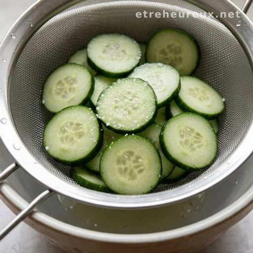 Salted cucumber slices draining in a colander before dressing