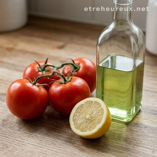 Fresh tomatoes, lemon, and avocado oil ingredients for salad dressing