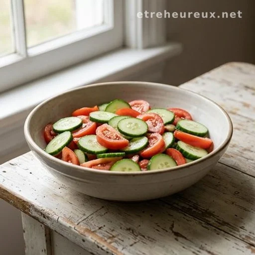 Large bowl of cucumber and tomato salad on a farmhouse kitchen table