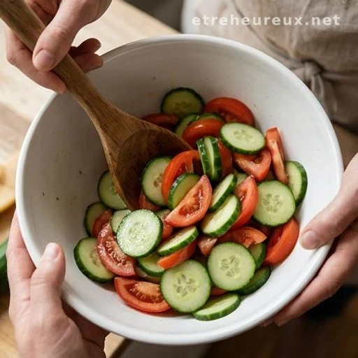 Hands tossing cucumber tomato salad in a white bowl