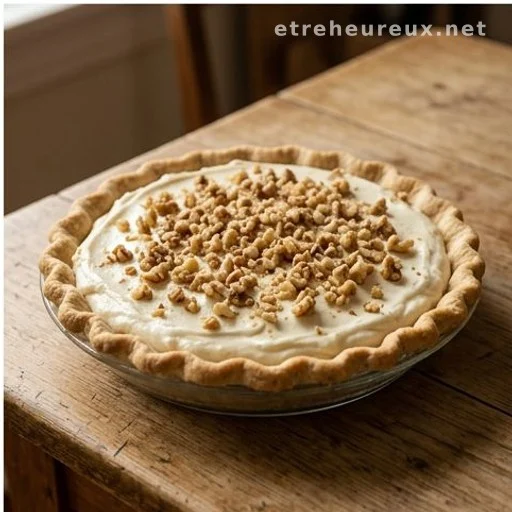 Walnut cream pie in a pastry crust on a wooden table