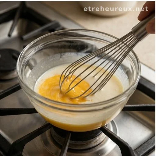 Egg yolks being tempered with warm milk in a bowl on a stovetop