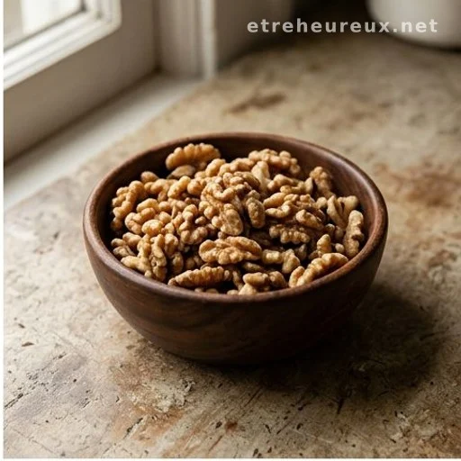 Whole and halved walnuts in a wooden bowl on a kitchen counter