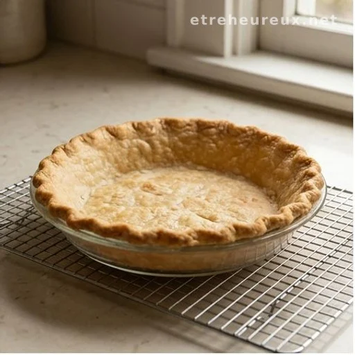 Pre-baked golden pie crust cooling on a wire rack in a kitchen