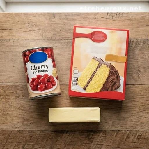 Three ingredients for cherry dessert: cherry pie filling, cake mix, and butter