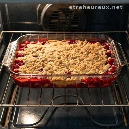 Cherry dessert with golden cake mix topping bubbling in a glass baking dish