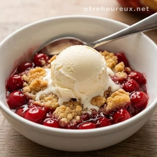 Warm cherry dessert served in a bowl with melting vanilla ice cream