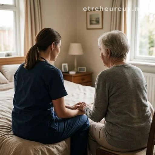 Palliative care nurse sitting beside elderly patient in a home bedroom