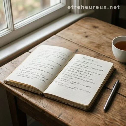 Open notebook with handwritten notes on a desk near a window