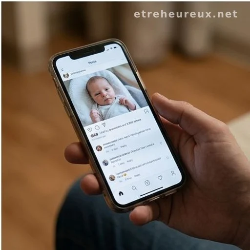Smartphone showing a baby photo with social media comments on screen