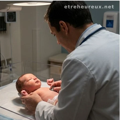 Pediatric doctor examining a newborn in a hospital setting