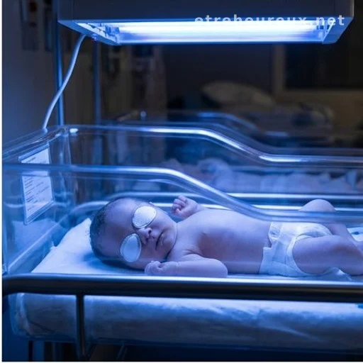 Newborn under phototherapy lamp for jaundice treatment in hospital