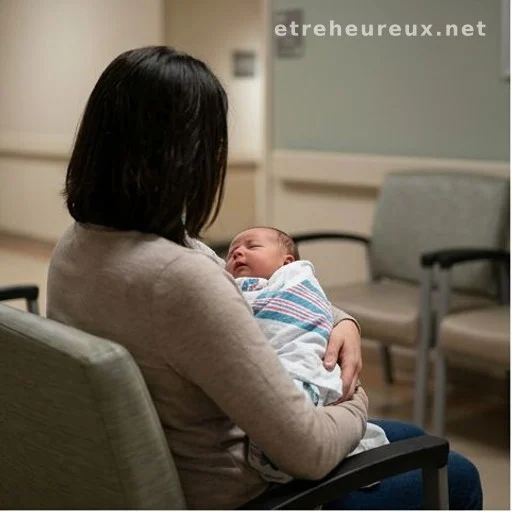 Parent holding newborn in hospital waiting room